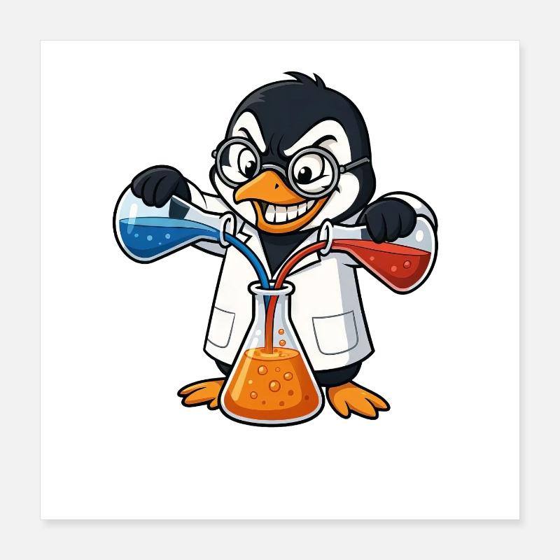 Crazy Professor Penguin Chemist Orange Nerd Poster 16" x 16" (40x40 cm)