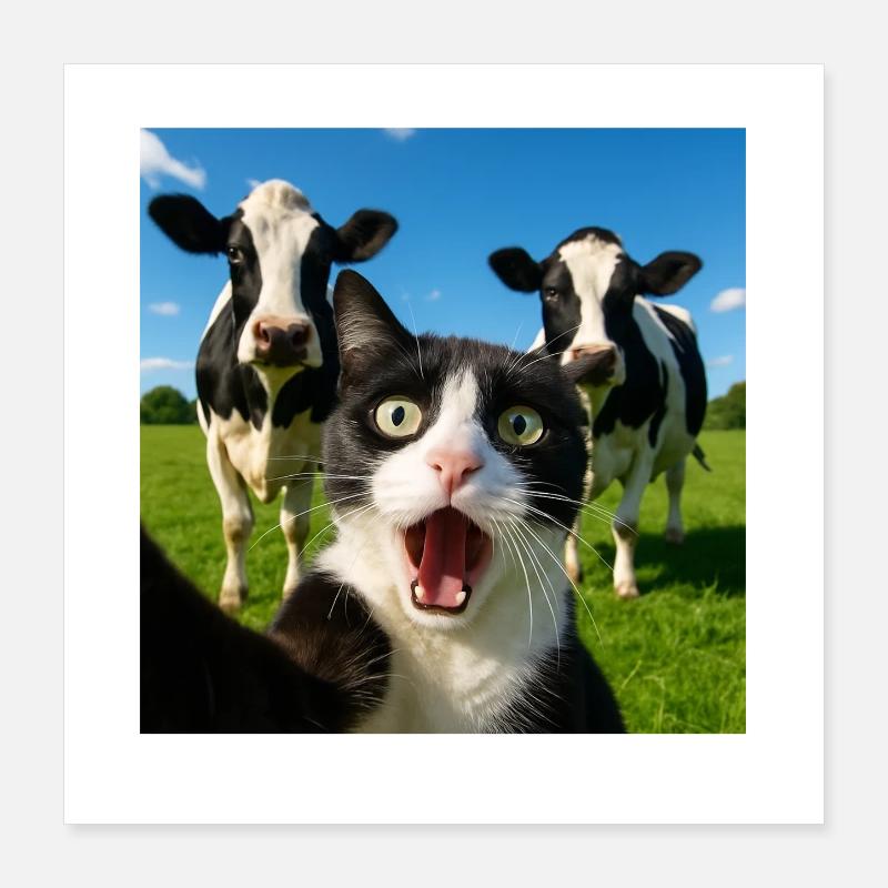 Süße Katze Kuh Selfie Geschenkidee Poster 40x40 cm