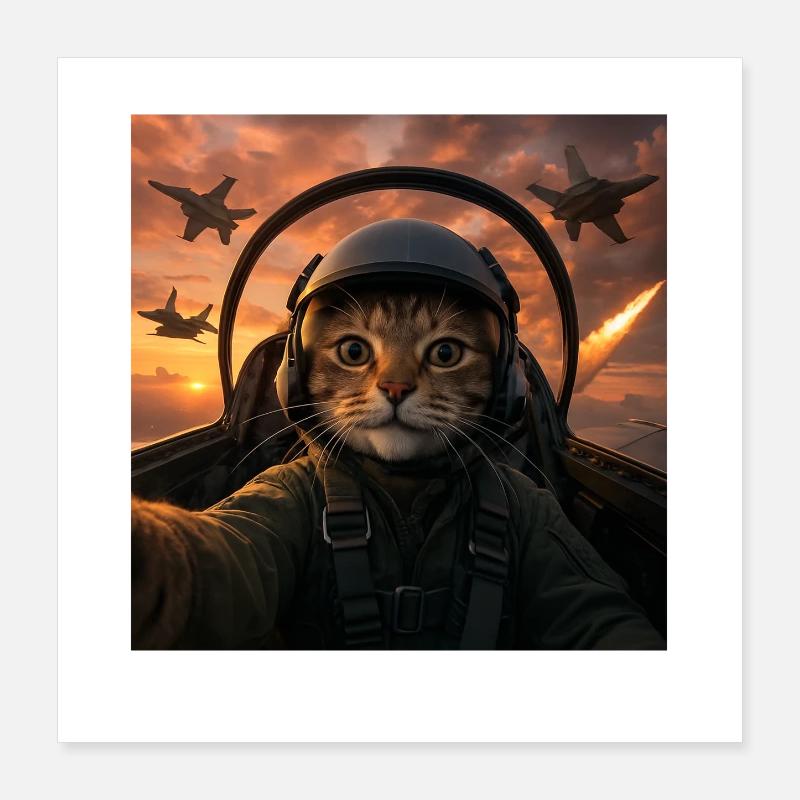Selfie Squad Cat Funny Fighter Pilot Meme Cat Poster 16" x 16" (40x40 cm)