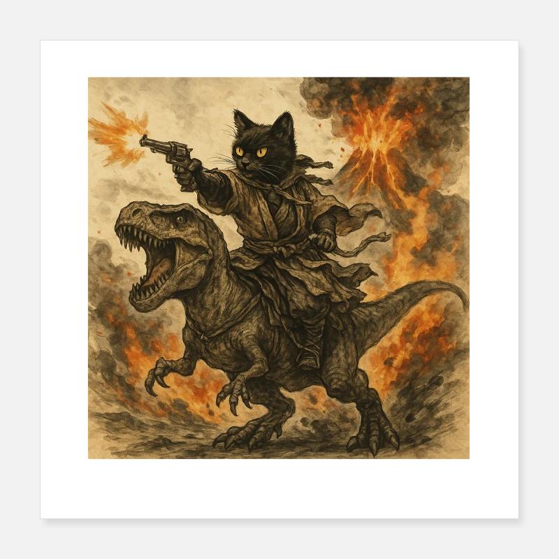 Samurai-Katze reitet auf Dinosaurier bei Vulkanausbruch Poster 40x40 cm