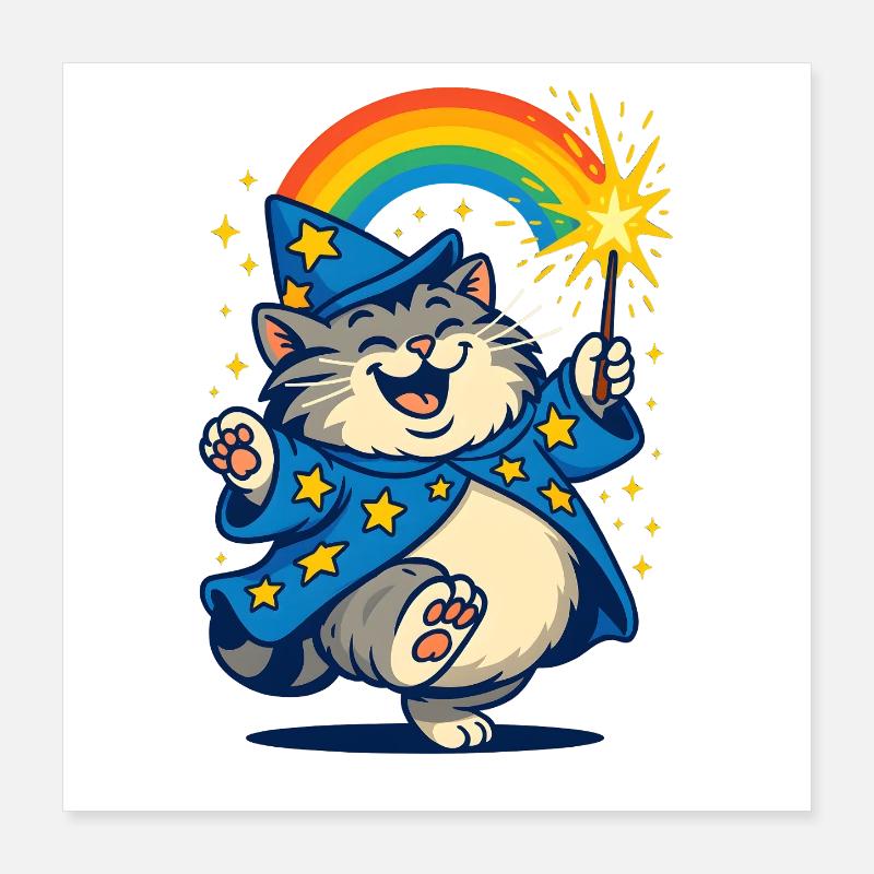 Zaubererkatze mit Regenbogen und Glitzer, Katzen Poster 40x40 cm
