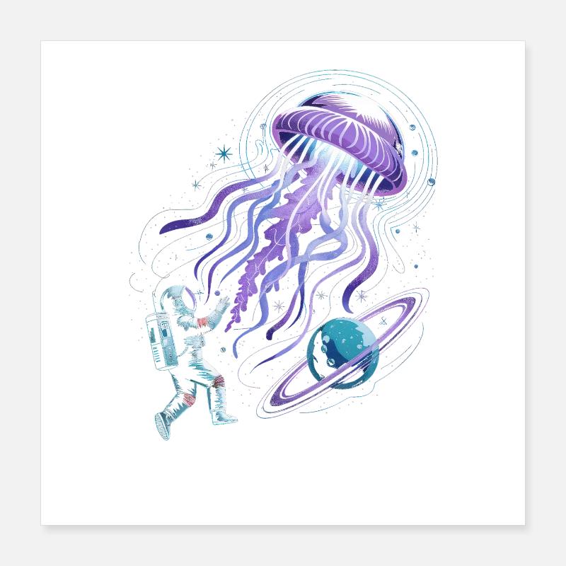 Aventure spatiale avec un astronaute et des méduses Poster 40 x 40 cm