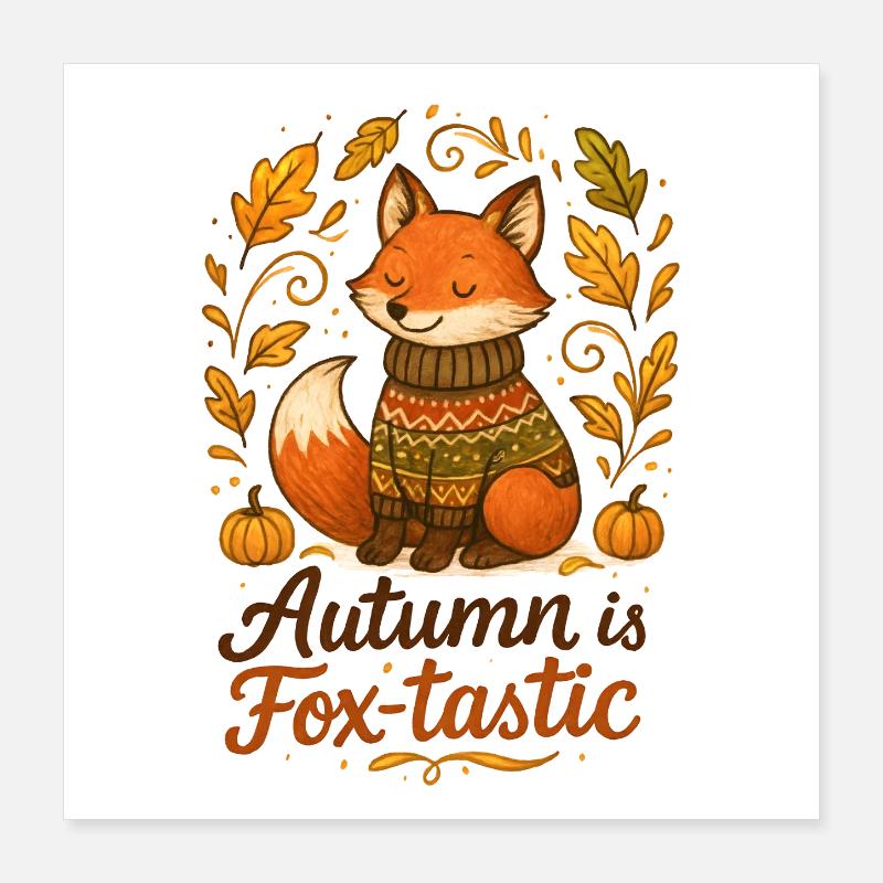 Renard automnal avec pull et citrouilles Poster 40 x 40 cm