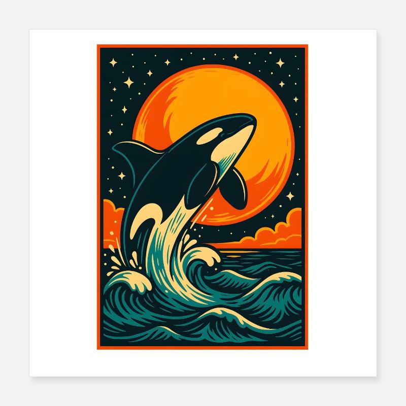 Sunset Orca, Liebe Meerestiere Poster 40x40 cm