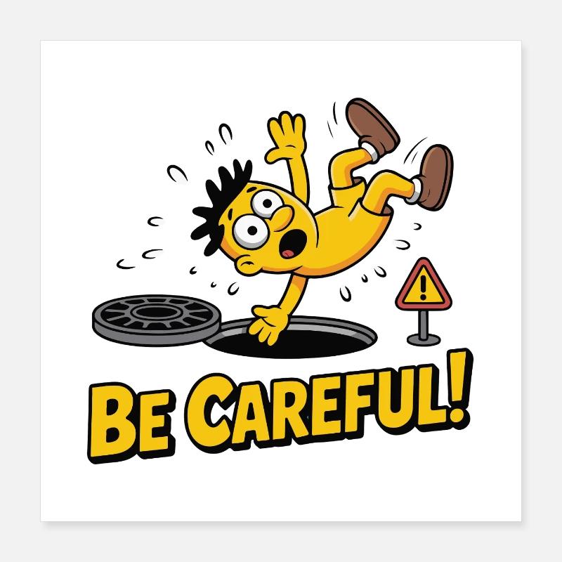 Animated Warning Character Be Careful Design Poster 16" x 16" (40x40 cm)