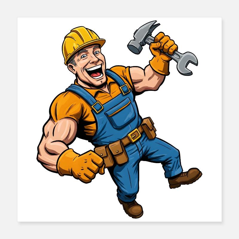 Fröhlicher Comic-Bauarbeiter mit Werkzeug Poster 40x40 cm