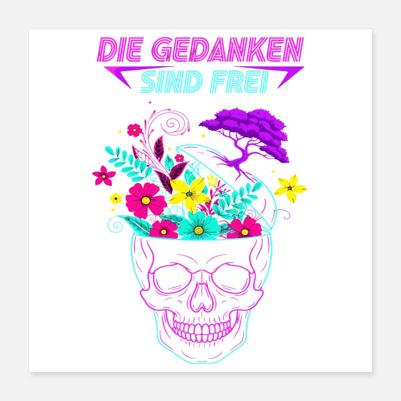 Neon Flowers Skull - Les pensées sont libres Poster 40 x 40 cm