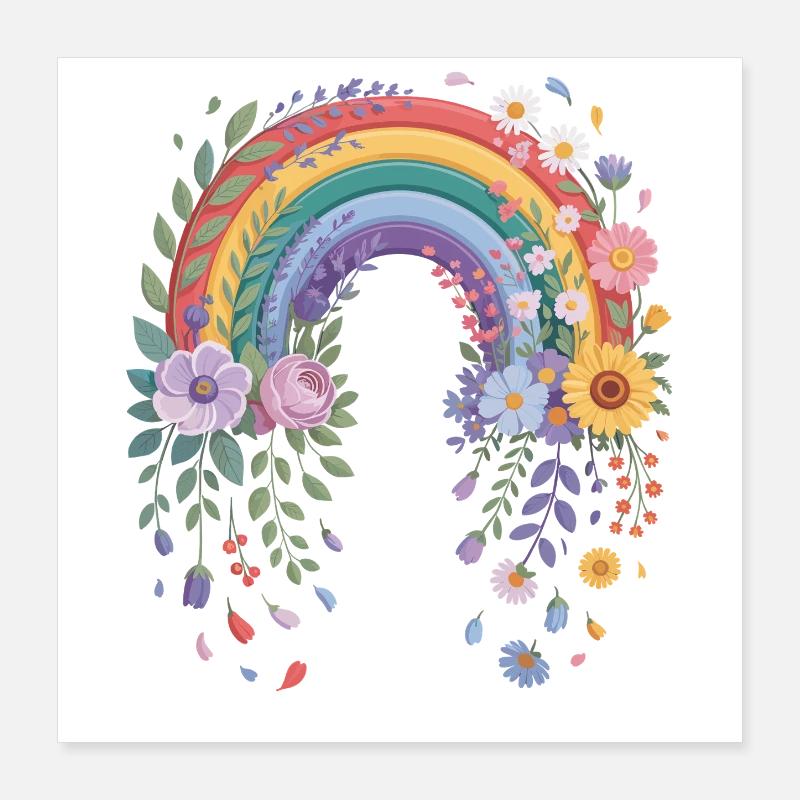 Verspielter Regenbogen mit Blumen Poster 40x40 cm