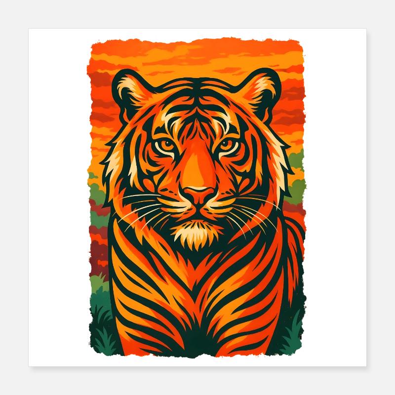 Illustration d'un coucher de soleil sur un tigre éclatant Poster 40 x 40 cm