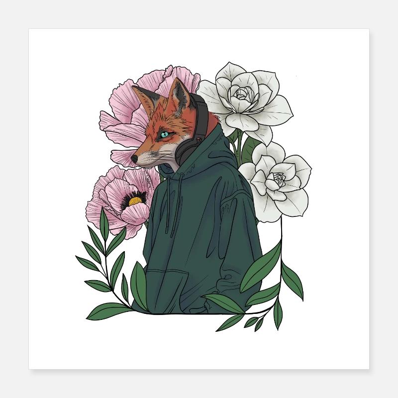 Renard avec des fleurs et un sweat à capuche Poster 40 x 40 cm