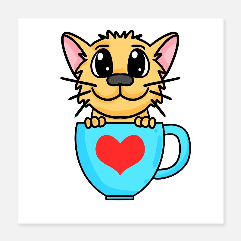 Chat avec un cœur sur une tasse Poster 40 x 40 cm