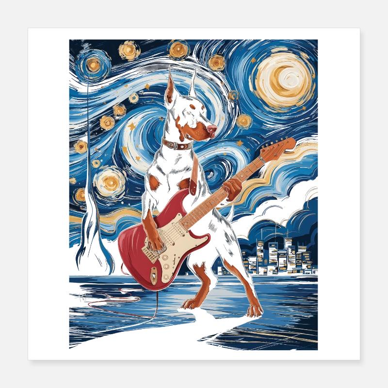 Teckel avec guitare électrique dans le ciel étoilé Poster 40 x 40 cm