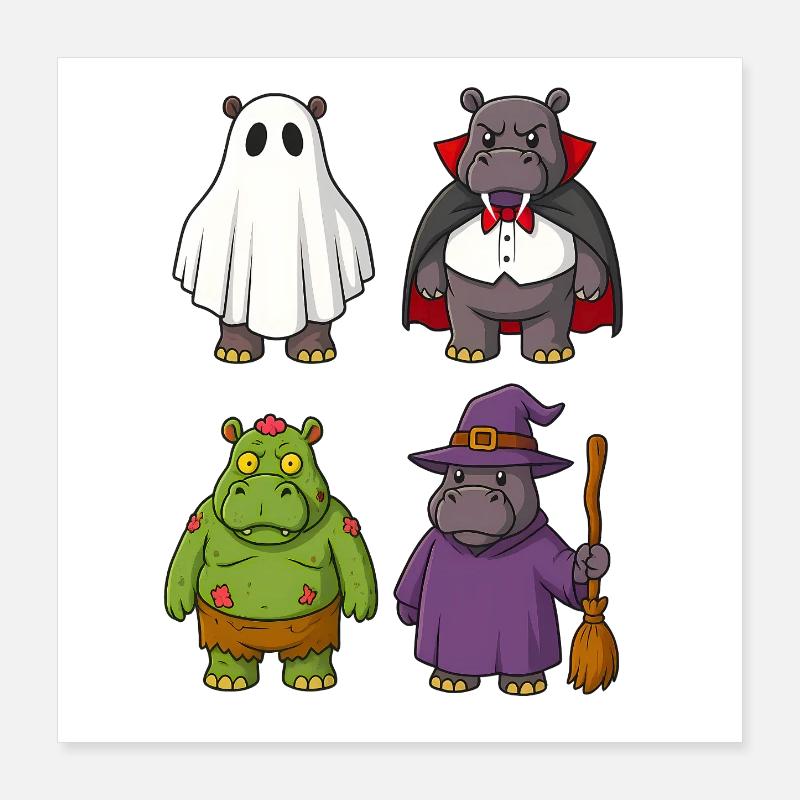 Hippo Ghost Witch Zombie Halloween Poster 16" x 16" (40x40 cm)