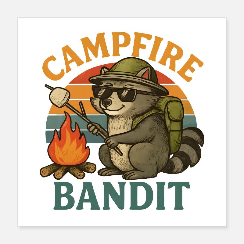 Campfire Bandit – Retro Raccoon with Marshmallows Poster 16" x 16" (40x40 cm)