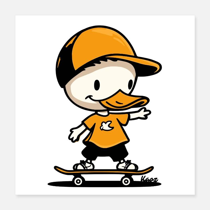 Canard de dessin animé ludique avec design de planche à roulettes Poster 40 x 40 cm