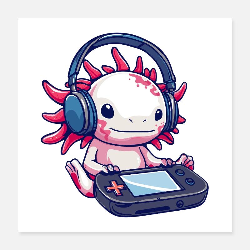 Axolotl mit Kopfhörern und Gaming-Controller Poster 40x40 cm