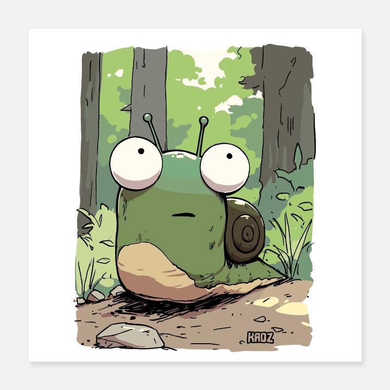 Comic-Schnecke mit großen Augen im Wald Poster 40x40 cm