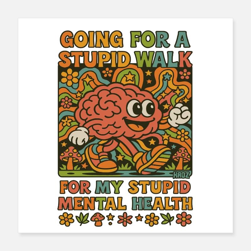 Stupid Walking Brain Retro Psychedelic  Poster 16" x 16" (40x40 cm)