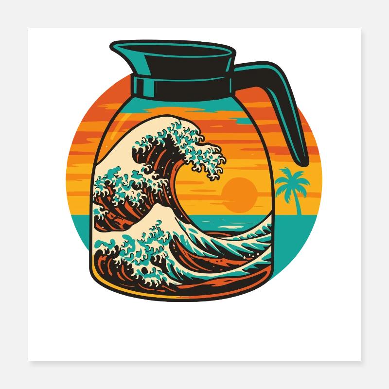 Coffee Japan Wave Kanagawa Ocean Sunset Fun Design Poster 16" x 16" (40x40 cm)