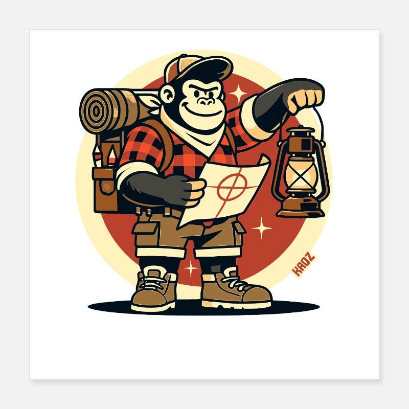 Jungle Camping Gorilla with Map Poster 16" x 16" (40x40 cm)