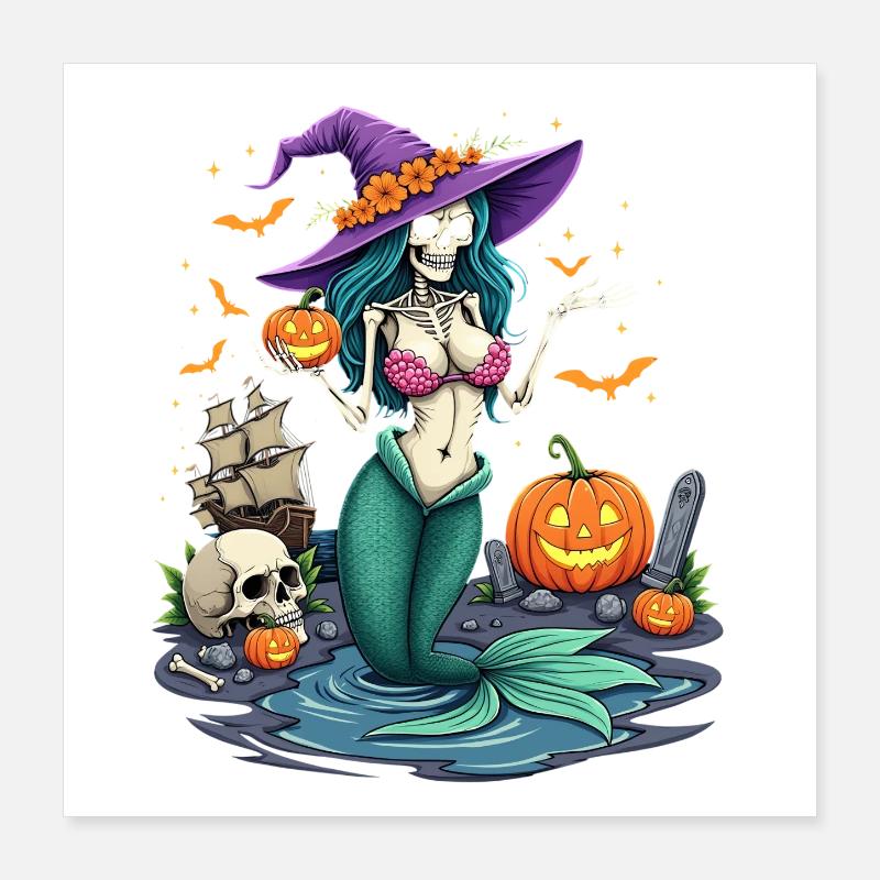 Sorcière Sirène avec des éléments d’Halloween Poster 40 x 40 cm