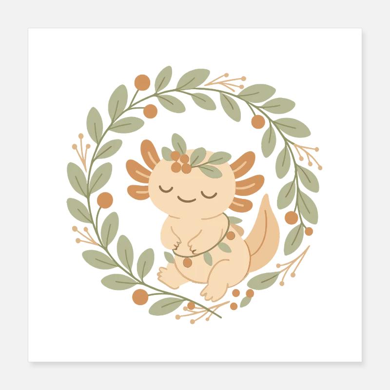 Axolotl dans une couronne de feuilles – Style Boho Cosy Poster 40 x 40 cm
