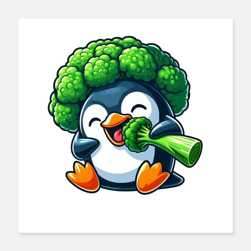 Funny Penguin with Broccoli Vegetable Hat Vegan Poster 16" x 16" (40x40 cm)