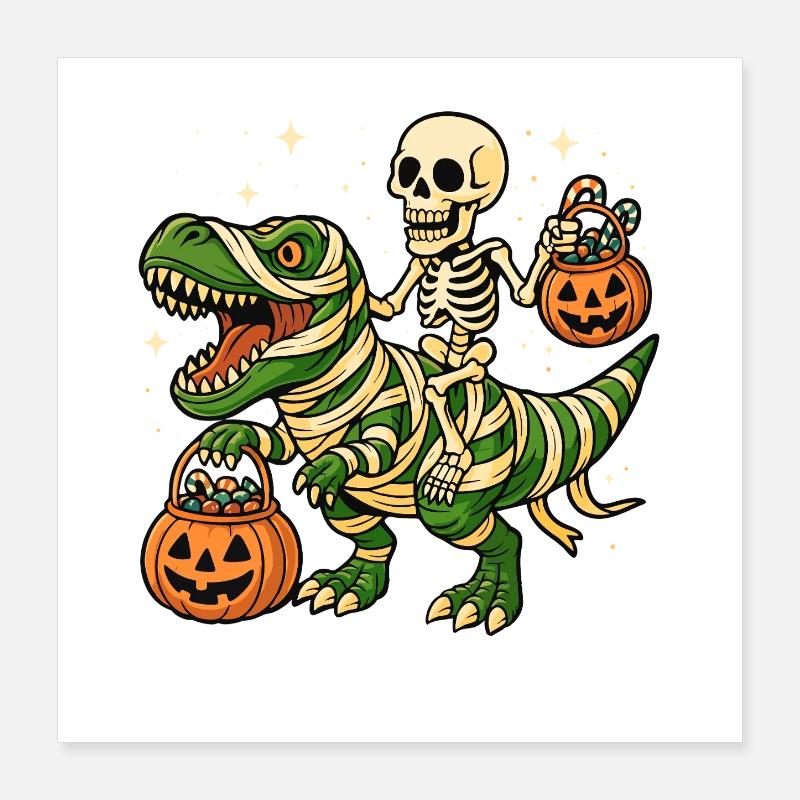 Skeleton Riding T‑Rex — Dino Spooky Halloween Fun Poster 16" x 16" (40x40 cm)