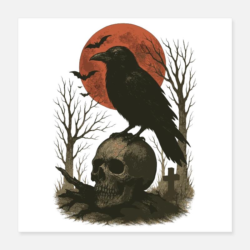 Rabe Totenkopf Mond Schädel Gothic Schwarze Krähe Poster 40x40 cm