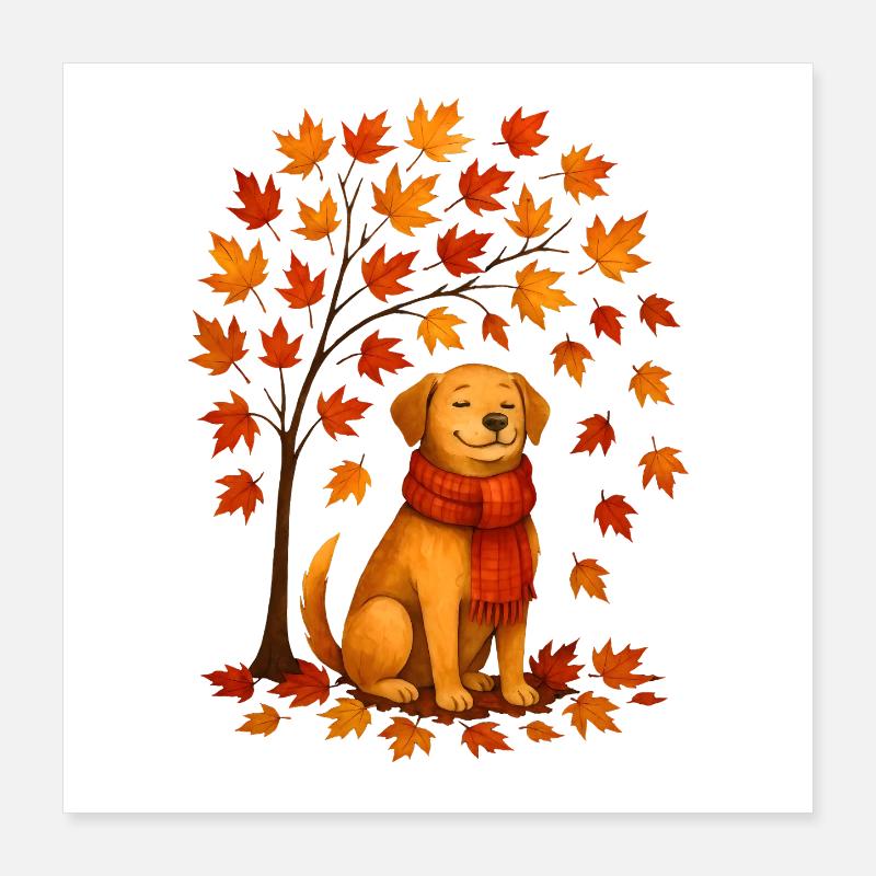 Chien d’automne avec motif d’écharpe Poster 40 x 40 cm