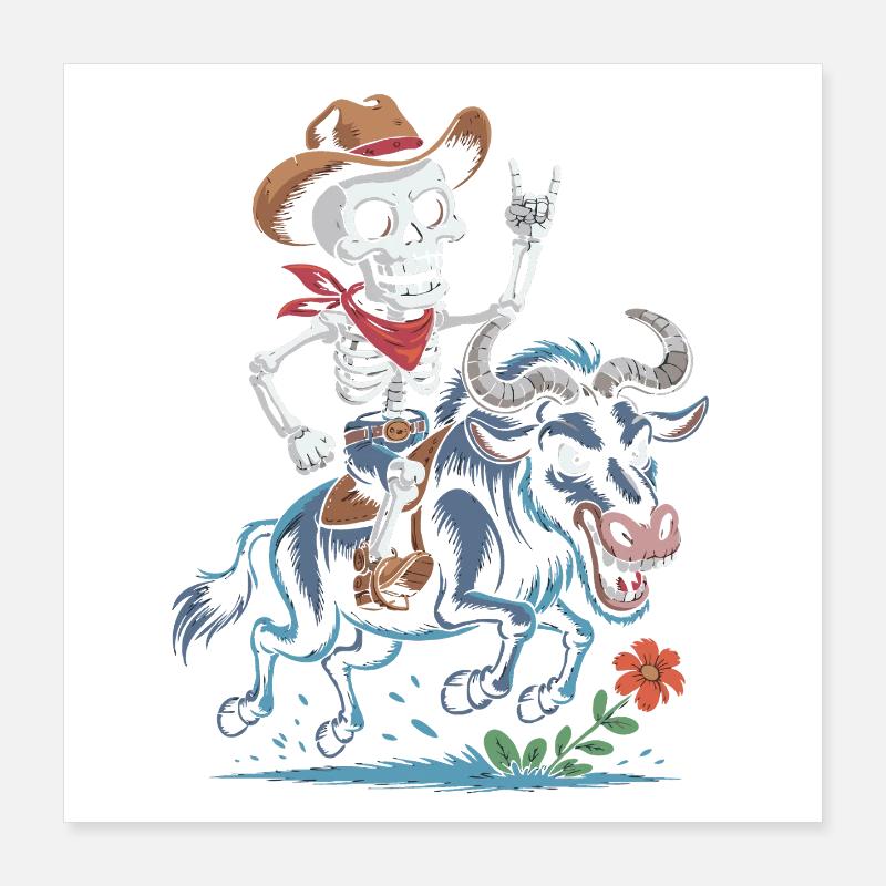 Skeleton Cowboy Rodeo on Wildebeest Poster 16" x 16" (40x40 cm)
