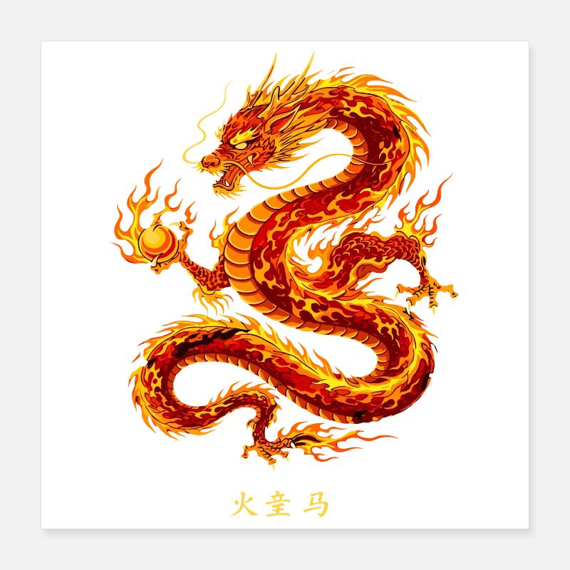 Puissant dragon de feu chinois Poster 40 x 40 cm