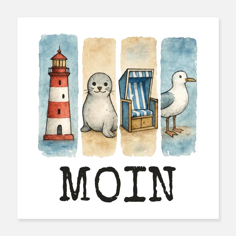 Moin Leuchtturm Robbe Strandkorb Möwe Küste Poster 40x40 cm