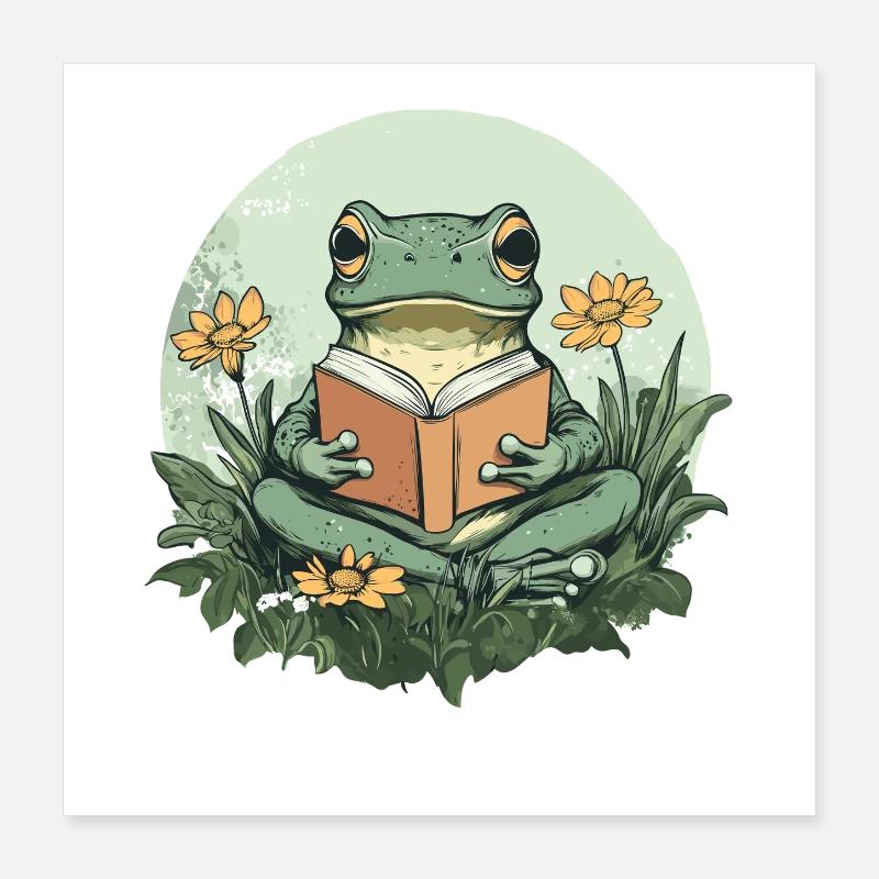 Grenouille lit un livre dans une mer de fleurs Poster 40 x 40 cm