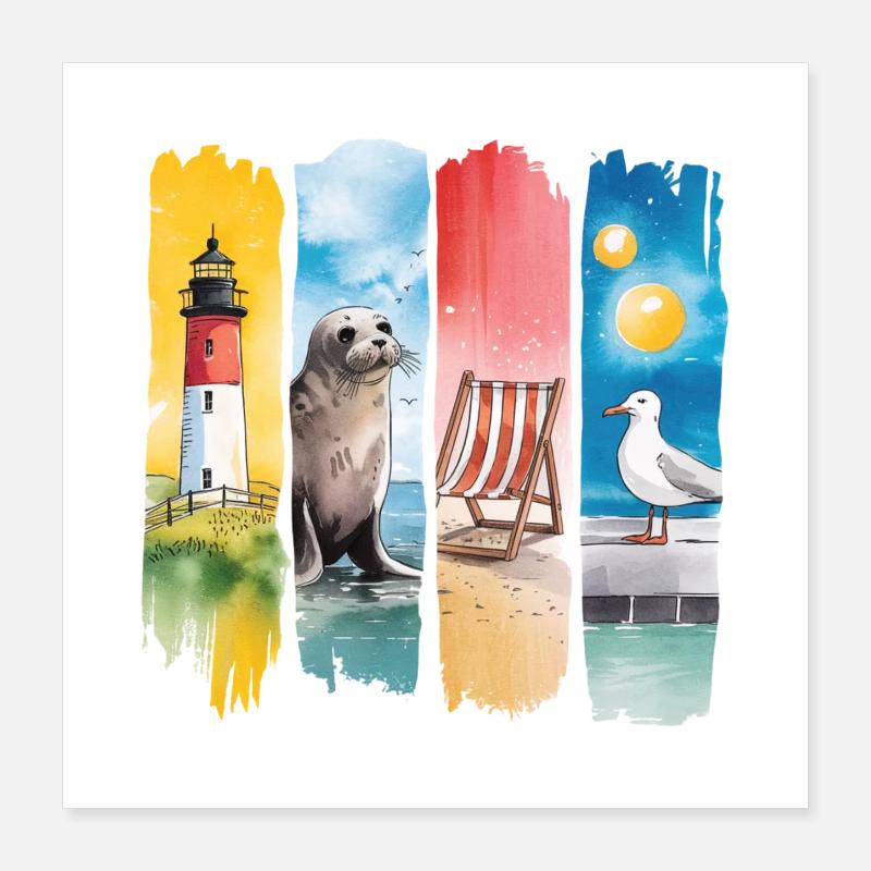 Maritim Leuchtturm Robbe Möwe Küste Poster 40x40 cm