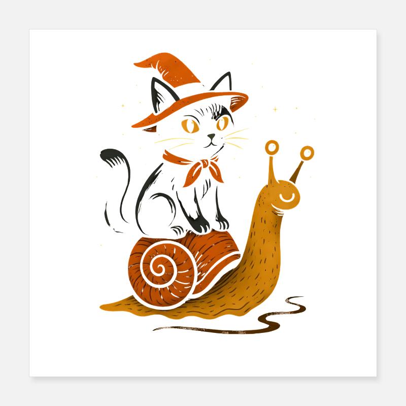 Chat sorcière sur escargot Poster 40 x 40 cm