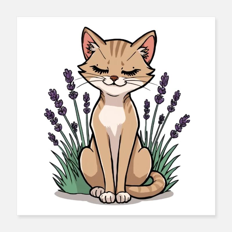 Chat se repose dans le champ de lavande Poster 40 x 40 cm