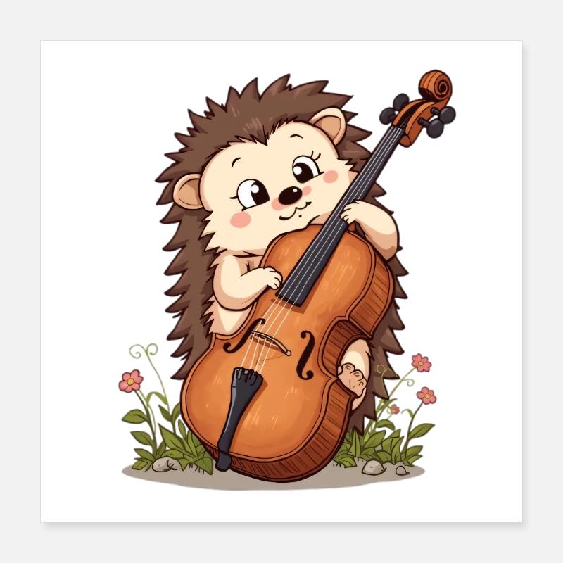 Igel Cello im Blumengarten Poster 40x40 cm