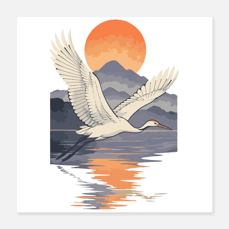 Crane Flying at Sunset Reflection Poster 16" x 16" (40x40 cm)