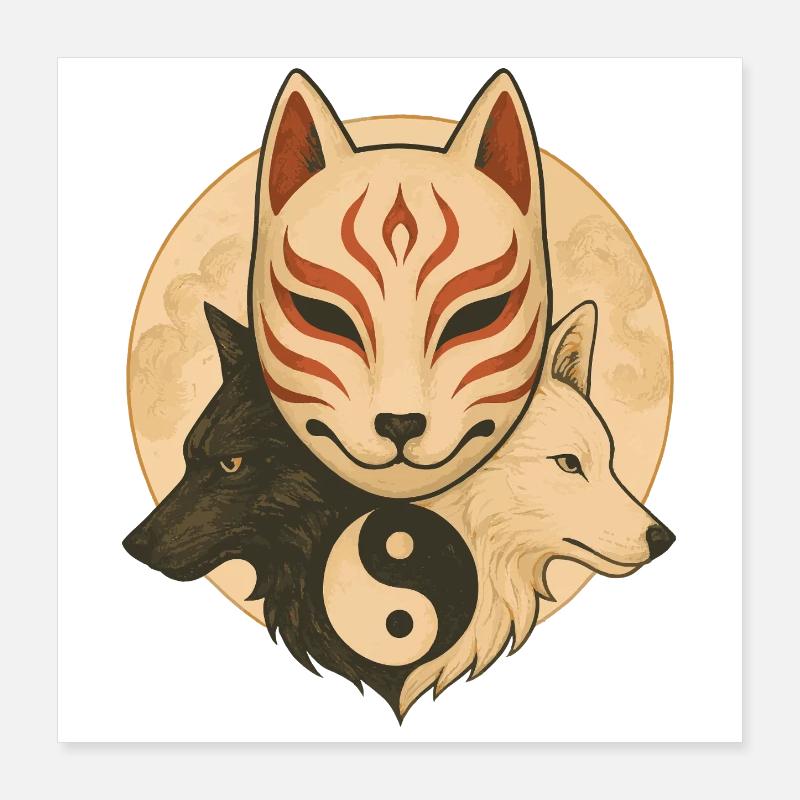 Fox Mask & Yin Yang Wolves Poster 16" x 16" (40x40 cm)