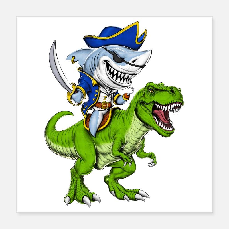 Shark Pirate Riding T-Rex Dinosaur Poster 16" x 16" (40x40 cm)