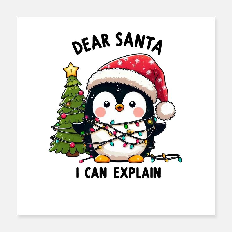 Clumsy penguin tangles Christmas tree Poster 16" x 16" (40x40 cm)