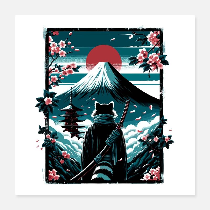 Katze mit Samurai Schwert vor Fuji Poster 40x40 cm