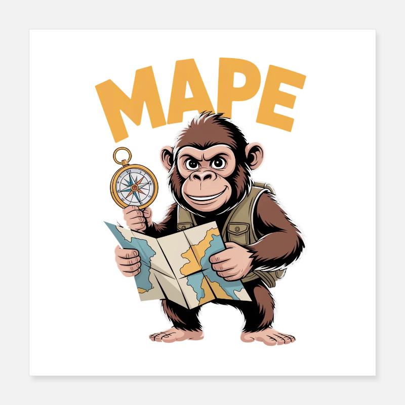 MAPE Adventure Monkey Compass Map Explorer Poster 16" x 16" (40x40 cm)