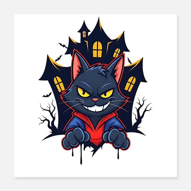 Chat souriant devant une maison hantée Poster 40 x 40 cm
