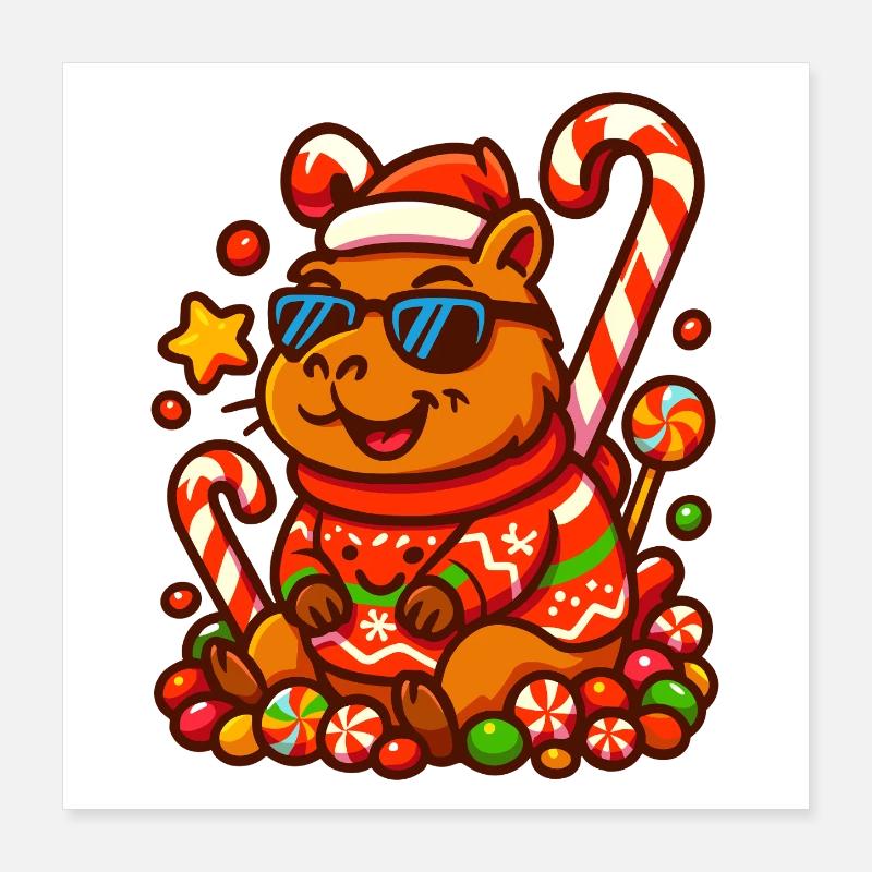 Capybara cool avec des cannes de bonbon – Noël Poster 40 x 40 cm
