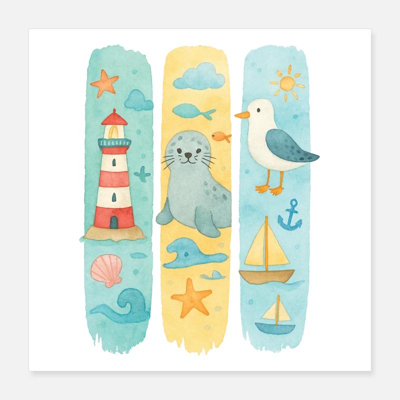 Phare maritime phoque mouette côte Poster 40 x 40 cm