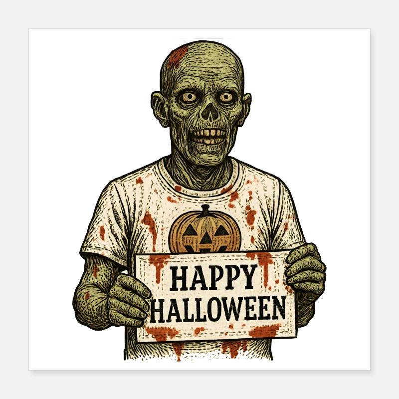 Zombie effrayant avec un panneau « Joyeux Halloween » Poster 40 x 40 cm