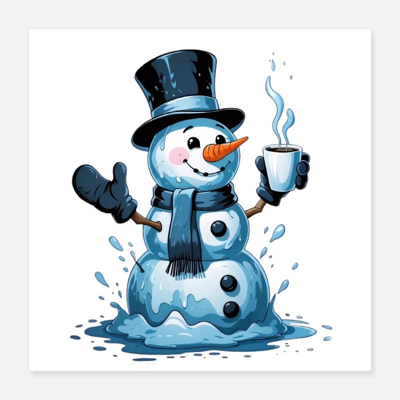 Schneemann mit dampfendem Becher Poster 40x40 cm