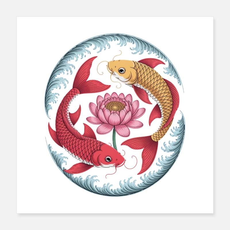 Koi Fish and Lotus Flower Harmonious Motif Poster 16" x 16" (40x40 cm)